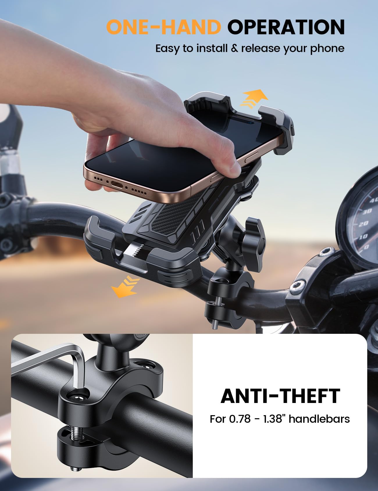 Lamicall Motorcycle Phone Mount Holder - [Metal Extension Arm] [Dual Vibration Dampener] Motorcycle Cell Phone Mount, Bike Bicycle Handlebar Phone Clamp, for iPhone 16/15/ 14 Pro Max, 4.7-6.7
