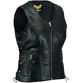 Leatherick Women Top Grain Genuine Buffalo Black Ladies Leather Vests for Motorcycle Bikers