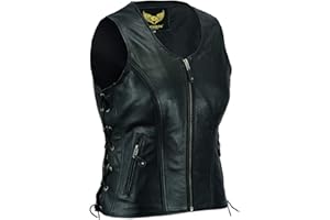 Leatherick Women Top Grain Genuine Buffalo Black Ladies Leather Vests for Motorcycle Bikers