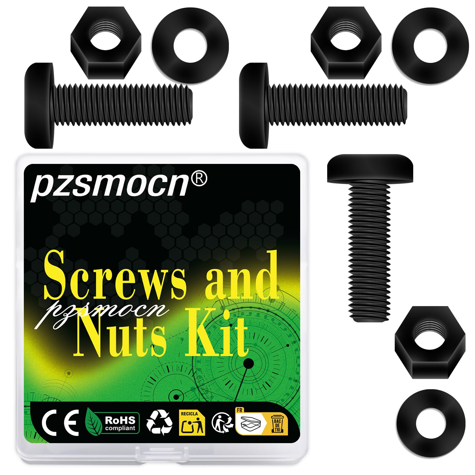 Pzsmocn 150 Pieces/50 Sets M5*20 mm Plastic Black Nylon Cross Round Head Screw Hexagonal Nut Combination Kit, with Insulating Washers, Standard Size, For DIY and Electronic Assembly.