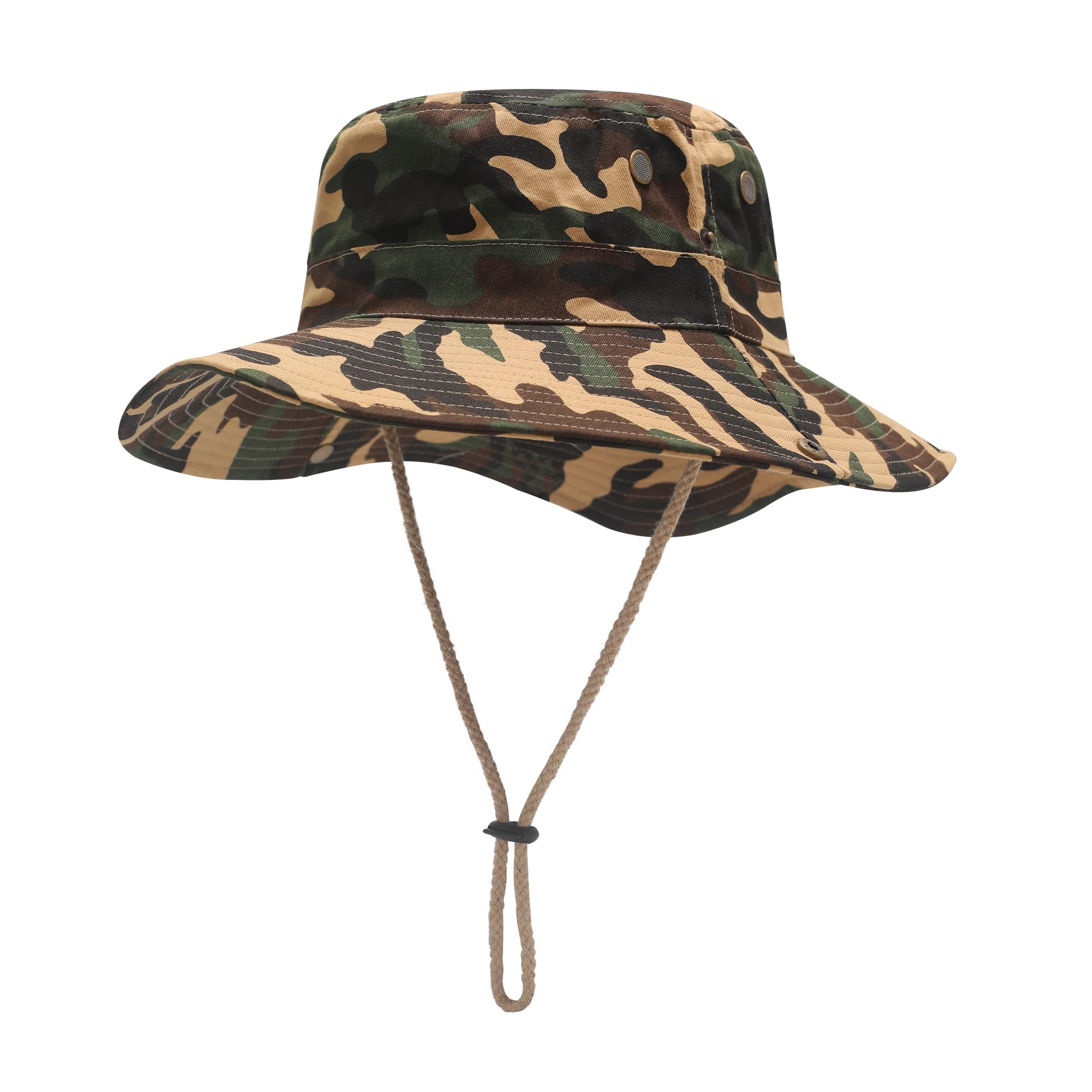 ZLYC Mens Sun Hat Wide Brim Mesh Outdoor Safari Hat Boonie Hats(8cm Brim Camo Dark Khaki)