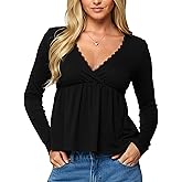 Coloquin Women Long Sleeve Babydoll Tops Lace Trim V Neck Peplum Cute Flowy Going Out Tops