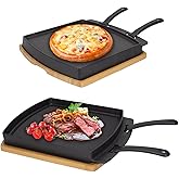 Cast Iron Reversible Sizzling Plate with Wooden Base for Pizza Oven and BBQ Accessories, Cast Iron Skillet Pan for Outdoor, G