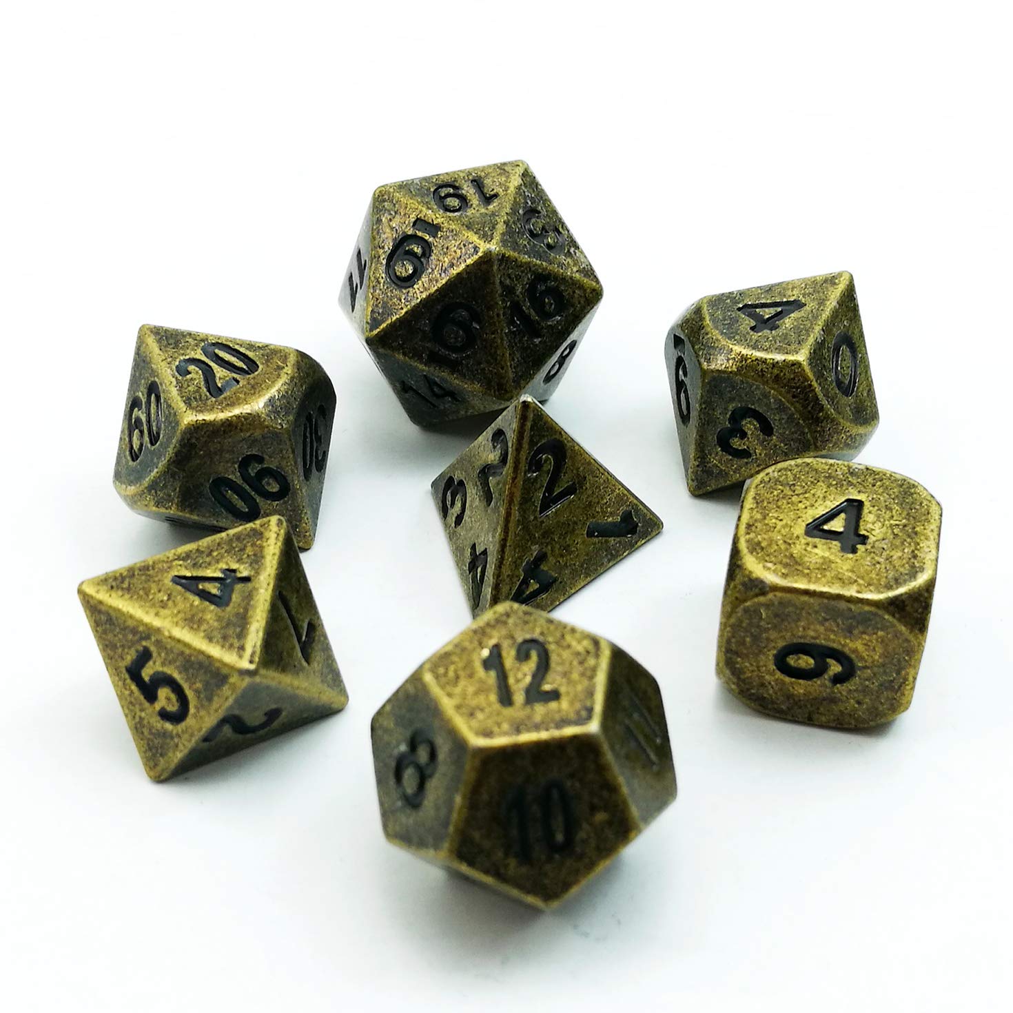 Bescon Ancient Brass Solid Metal Polyhedral D&D Dice Set of 7 Antique Copper Metal RPG Role Playing Game Dice 7pcs