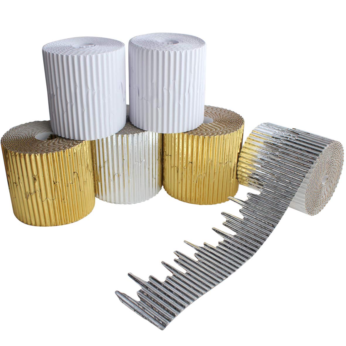 Bright Ideas PK06 Festive Icicle Corrugated Border Rolls for School Displays Arts and Crafts, 3 Assorted Colours, 10cm x 3.75m - Metallic Silver, Metallic Gold, White.BI7884.
