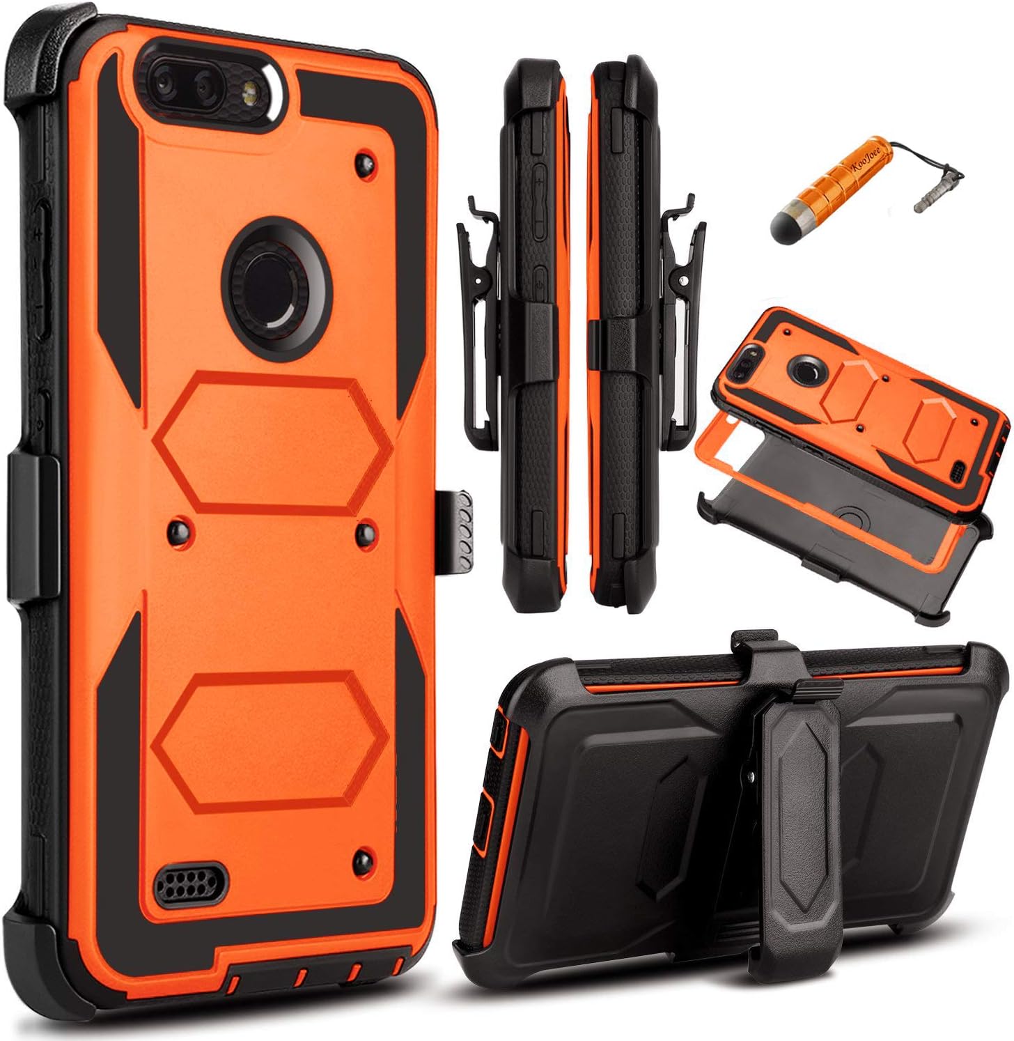 KooJoee Orange Armor Defender Case Compatible with ZTE Blade Z MAX/Sequoia Z982/ZMax Pro 2, Heavy Duty Shockproof[Kickstand][Swivel Belt Clip] Full Body Rugged Holster with Built-in Screen Protector