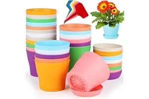 Aodaer 24 Pack 4 Inch Plastic Planters with Multiple Drainage Holes and Tray Indoor Outdoor Flower Plant Nursery Pots with Labels Flower Seedling Pots for Herb Garden Home Succulents, Assorted Colors