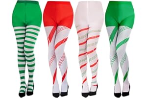 Lystaii 4 pcs Christmas Striped Tights Red Green Full Length Tights Stripe Stockings for Women Girls Christmas Halloween Cost