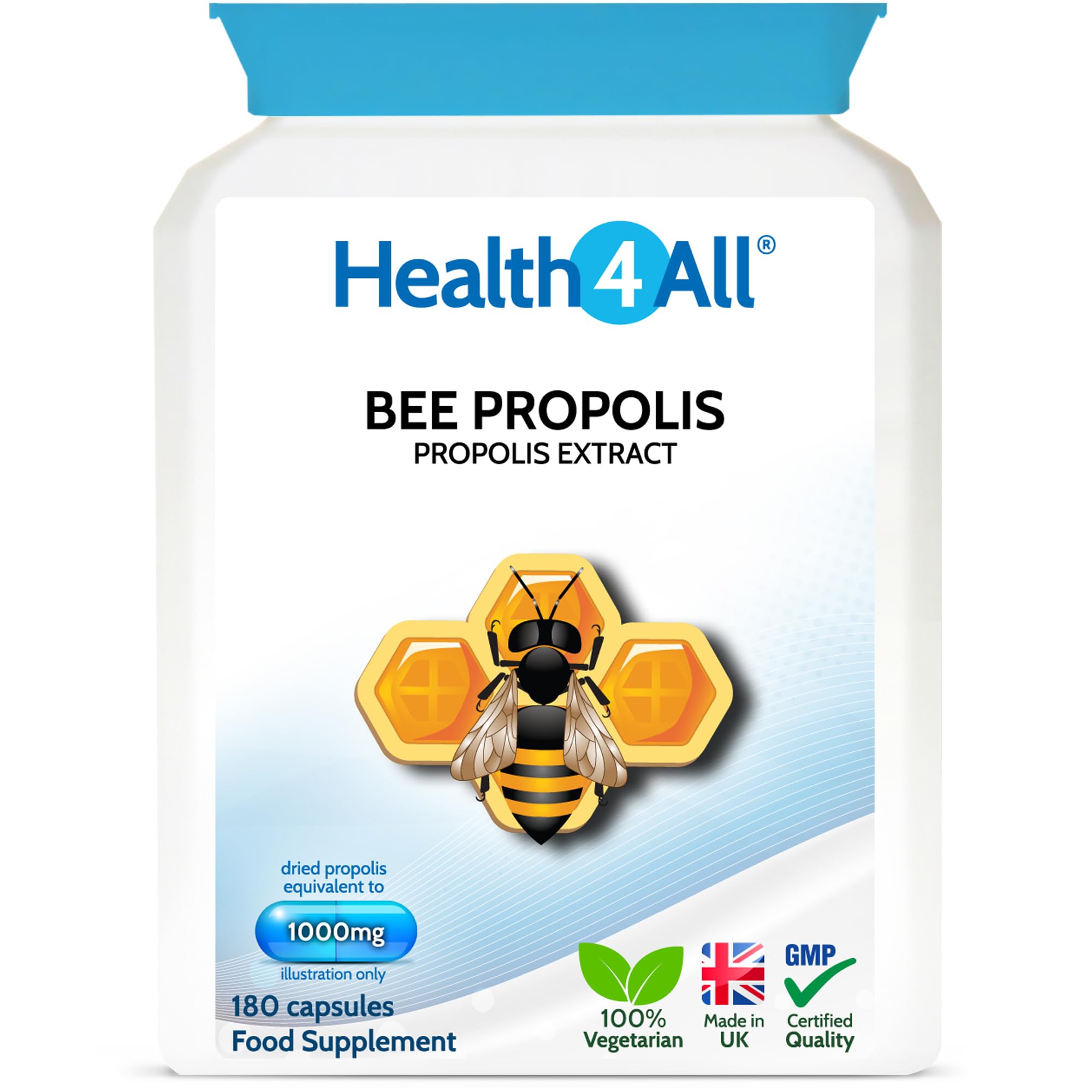 Health4All Bee Propolis 1000mg per Capsule 180 Capsules, High Strength Immune System Booster, Natural Immune Support Supplement (not Tablets) | Made in UK