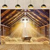 Christmas Manger Scene Backdrop Barn Stable Christmas Banner Decorations | 7x5FT Christian Birth of Jesus Nativity Holy Family Photography Background Portrait Photo Props