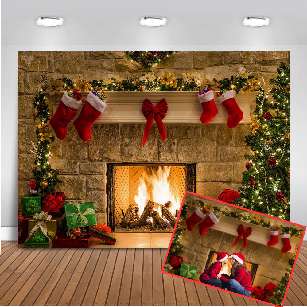 Mehofoto Christmas Theme Tree Fireplace Socks Photography Backdrop 7x5ft Xmas Party Decoration Gifts Christmas Eve Indoor Photo Studio Props