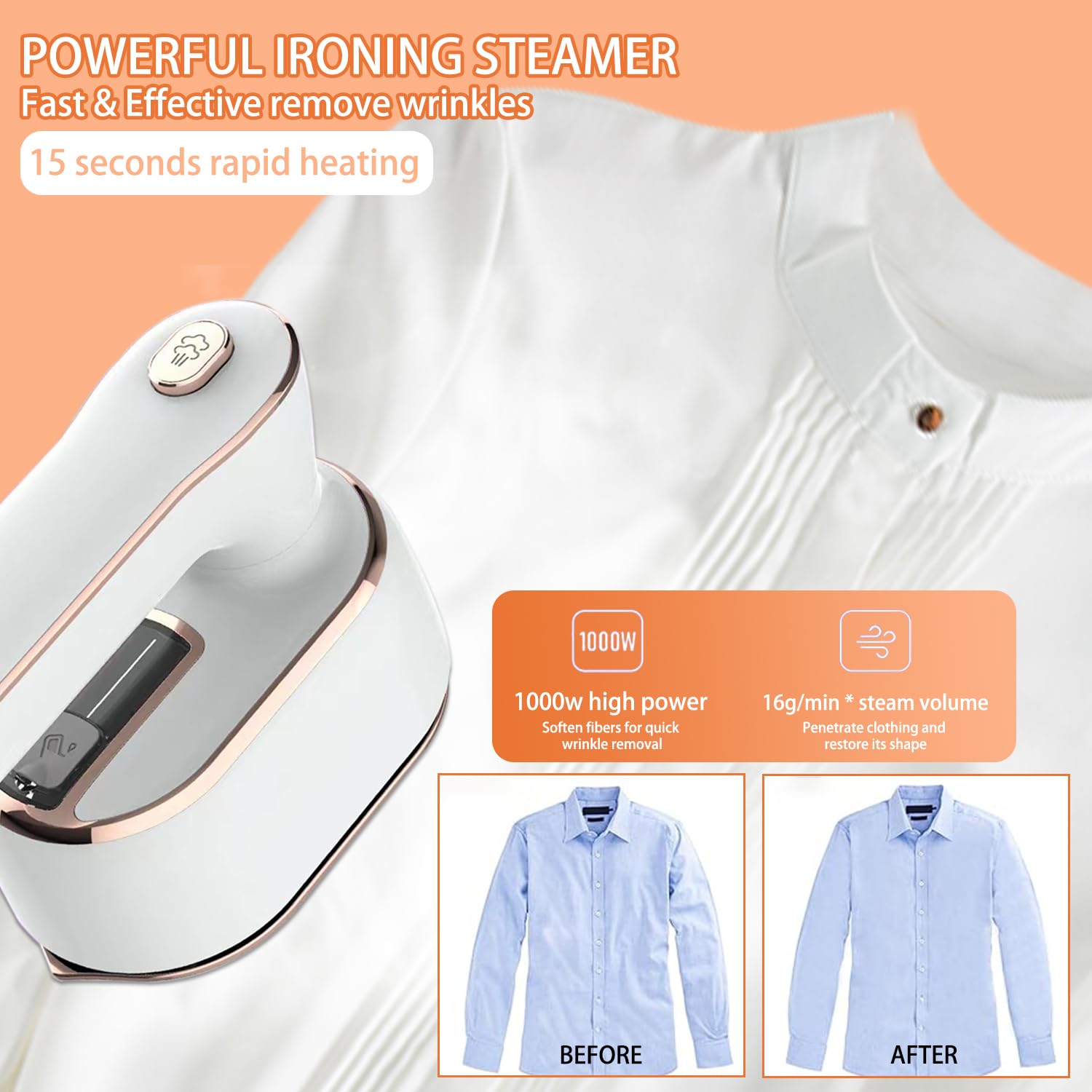 Iron Steamer for Clothes Travel Garment Steamer 1000W 5S Fast Heat-up Mini Steamers Portable Handheld Iron 180° Foldable Small Iron for Travel Dry Wet White