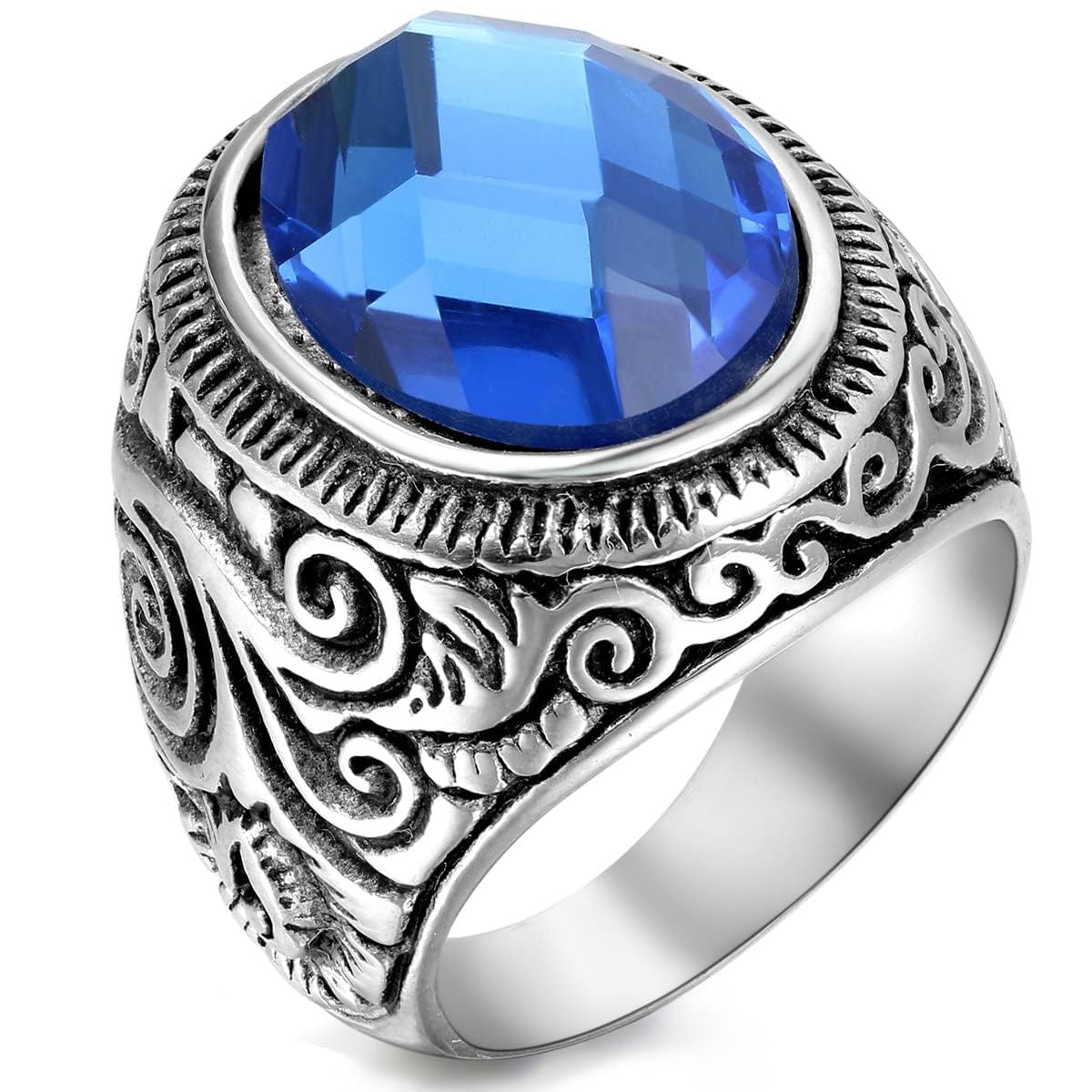Flongo Men's Vintage Stainless Steel Statement Ring Celtic Knot Blue Glass Class Band, Size 13