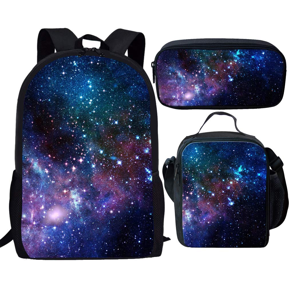Showudesigns 3PCS/Sets of Schoolbag with Kids Backpack Small Lunch Box Pencil Case Galaxy Space Print Bookbag