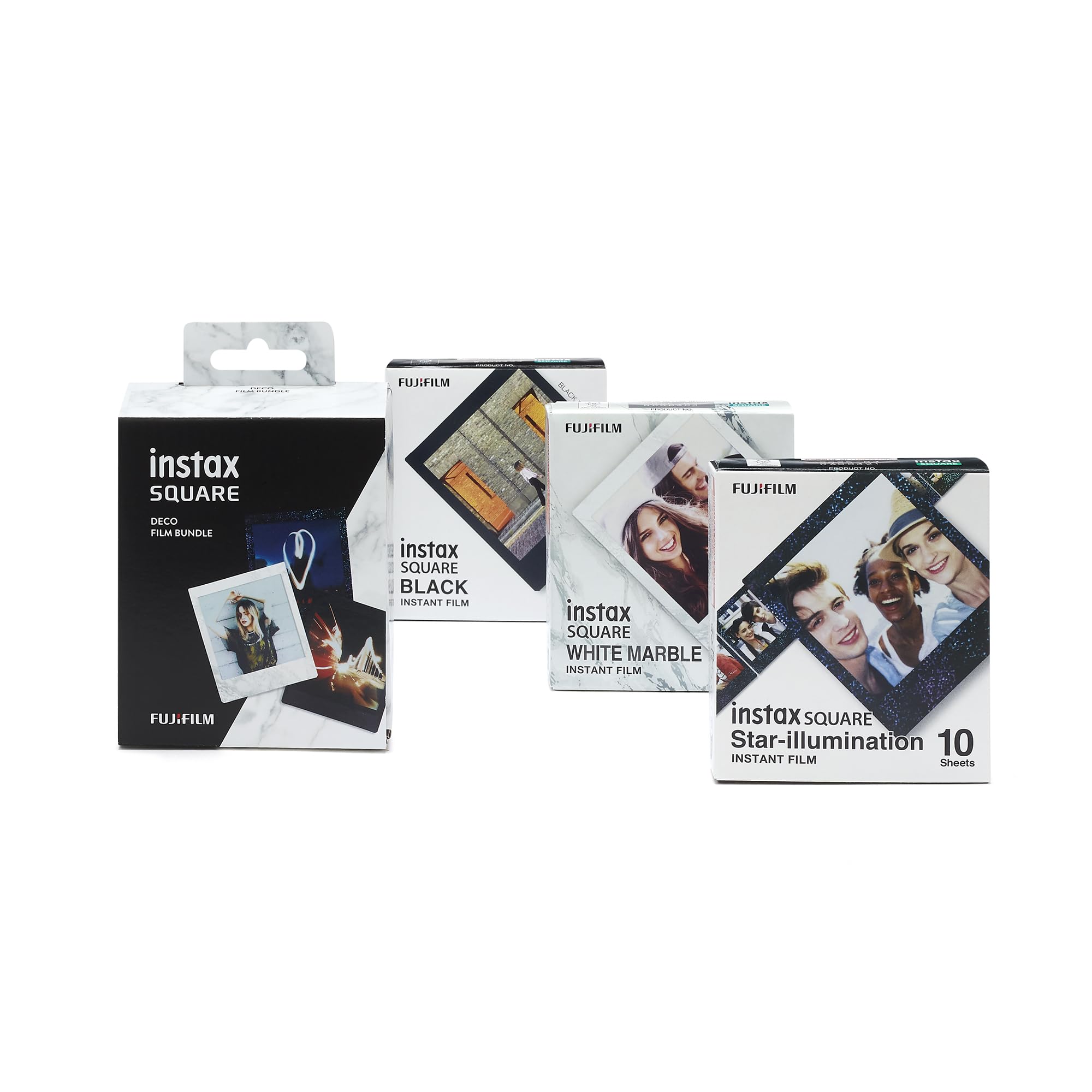 Instax SQUARE Instant Film 3 Pack Bundle, 1 X 10 Shot Black, 1 X 10 Shot White Marble, 1 X 10 Shot Star Illumination Border