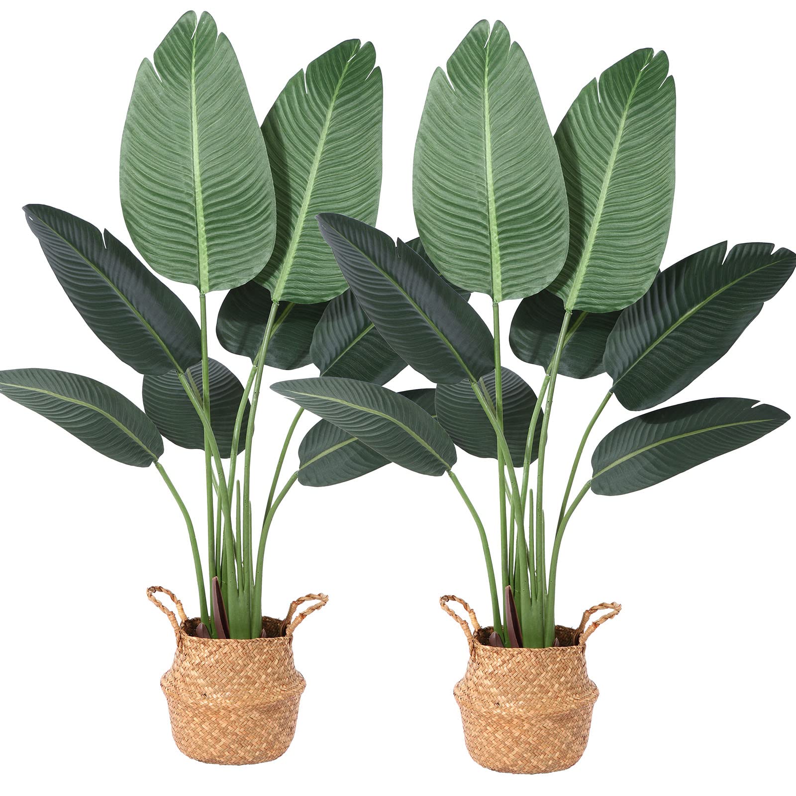 Photo 1 of ***Partial set***

 Artificial Bird of Paradise Plants 4 Ft Fake Tropical Palm Tree with 8 Trunks in Pot and Woven Seagrass Belly Basket Perfect Faux Plant for Home Indoor Outdoor Office Modern Decor Green Pc