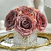 YSZL Artificial Rose in Glass Vase Vintage Silk Flower Arrangement with LED Light for Table Centerpiece Home Wedding Decoration (Plum Purple)