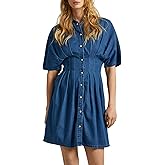 Women's Denim Dress Lapel V Neck Slim Fit Mini Jean Dress Button Down A-Line Short Dresses