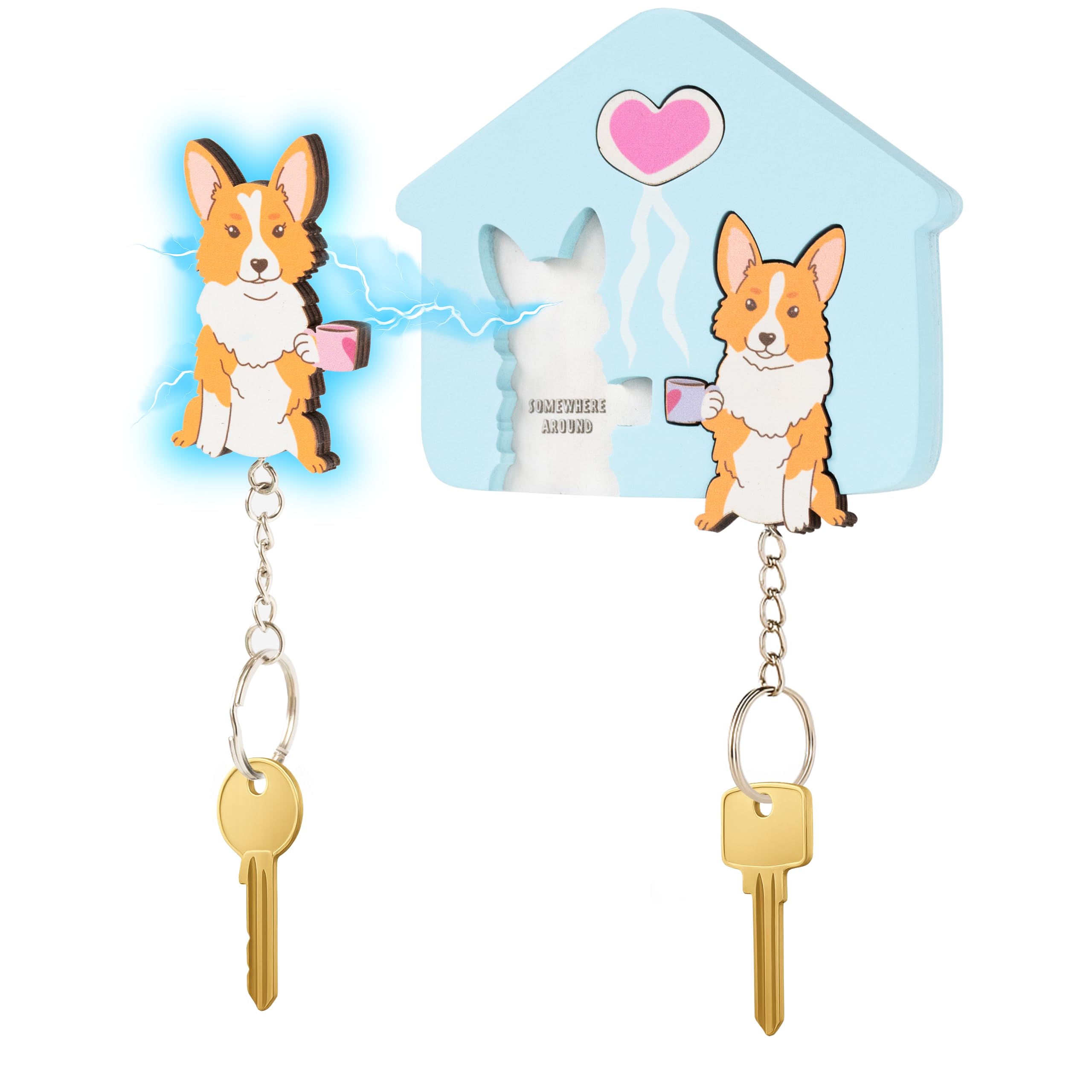 SOMEWHERE AROUND Corgi Wall Key Holder with Magnetic Keychains – Funny Gift for Couples or Dog Lovers – Ideal Housewarming or New Home Present