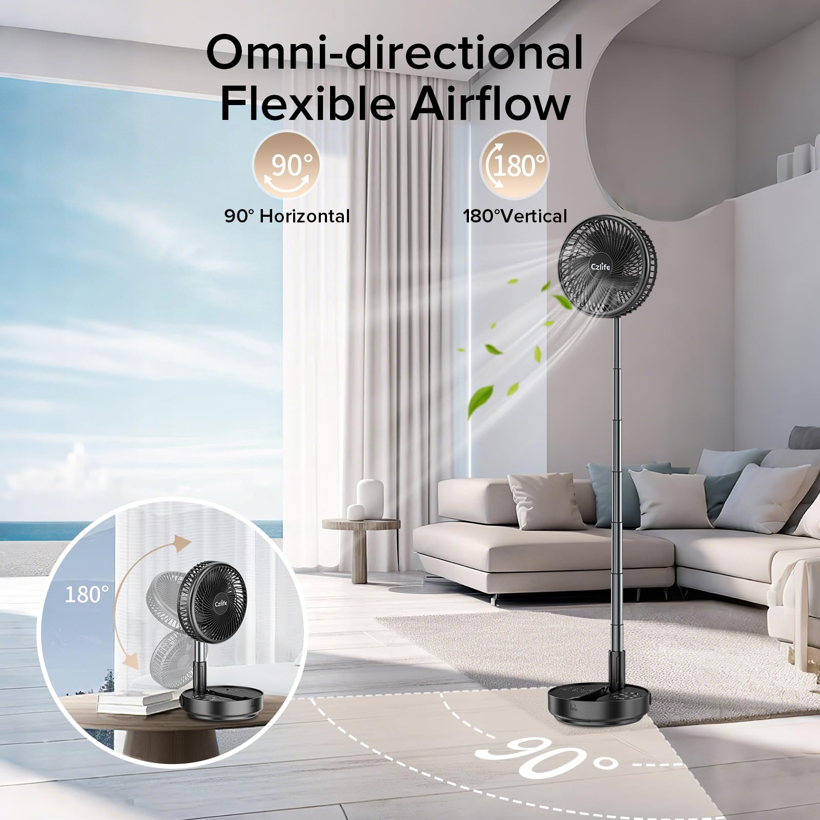 F9 Portable Fan, 10000mAh Rechargeable Battery Powered for Travel Sleeping Camping Bedroom Outdoor, Cordless Floor Desk Fan, Oscillating Folding USB Fan with Remote, 4 Speed, Timer, 7.7