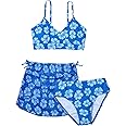 COZYEASE Girls' 3 Piece Set Floral Print Bikini Swimsuit with Drawstring Beach Skirt Cute Ruched Bathing Suit