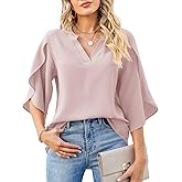 Womens Summer Chiffon Blouses 3/4 Ruffle Sleeve Casual Loose V Neck Summer Dressy Tops