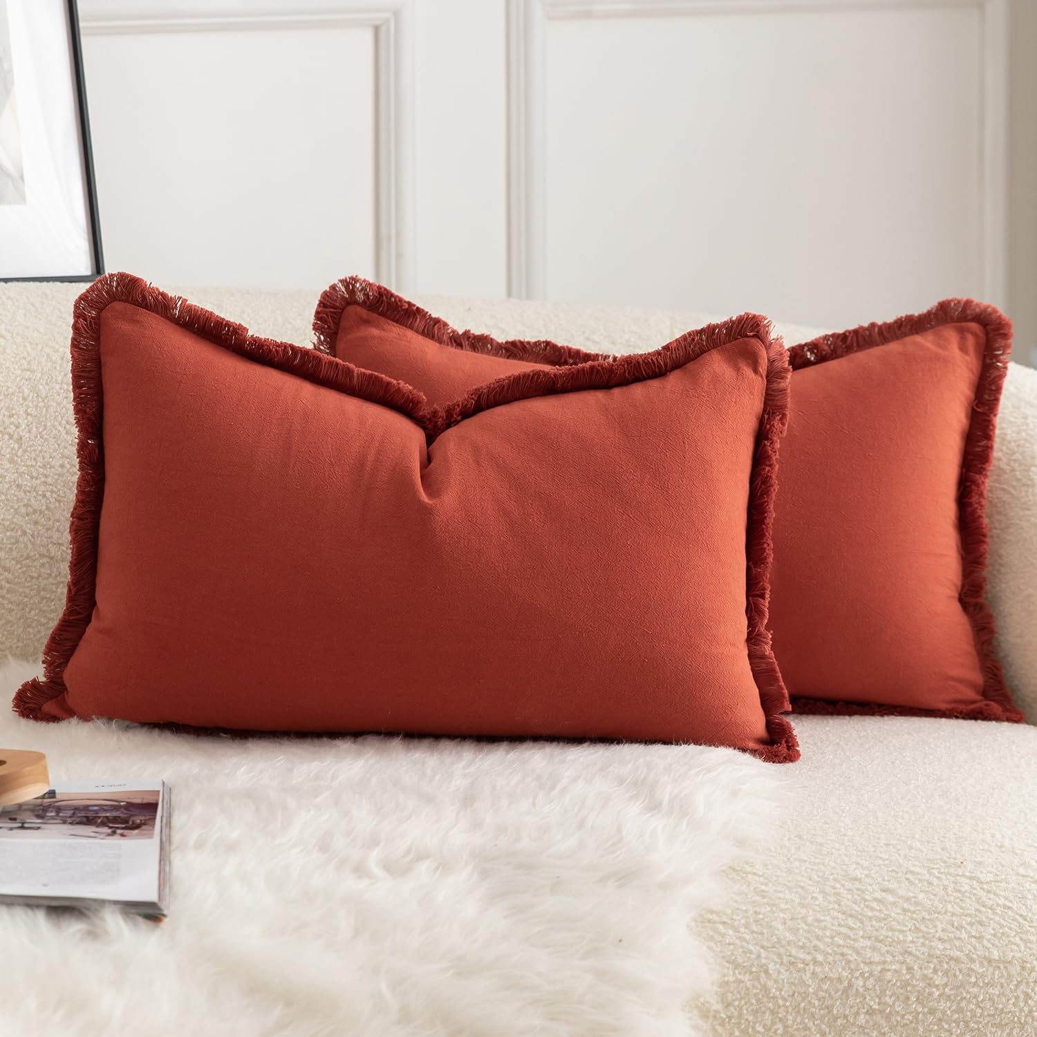 Mandioo Set of 2 Neutral Cotton Fringe Cushion Covers 30x50 cm 12x20 inch Decorative Boho Farmhouse Throw Pillowcase Cozy Tassels for Couch Sofa Bedroom Living Room Home Decor Burnt Brick