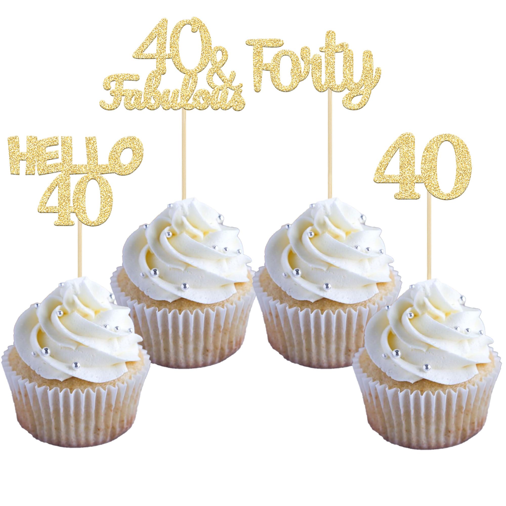 Gyufise 24Pcs Gold Glitter 40th Birthday Cupcake Toppers Hello 40 Forty Cake Decorations 40 & Fabulous Cupcake Picks for 40th Birthday Cake Decorations Supplies