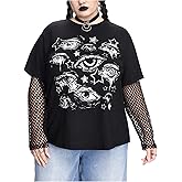 SHENHE Women's Plus Size Graphic T Shirts Long Sleeve Scoop Neck Gothic Oversized Tee Top