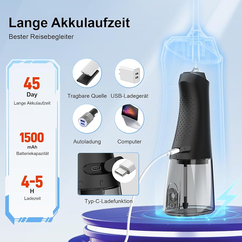 Munddusche, 320 ml, 5 Düsen, 4 Modi, USB-C, IPX7, Schwarz