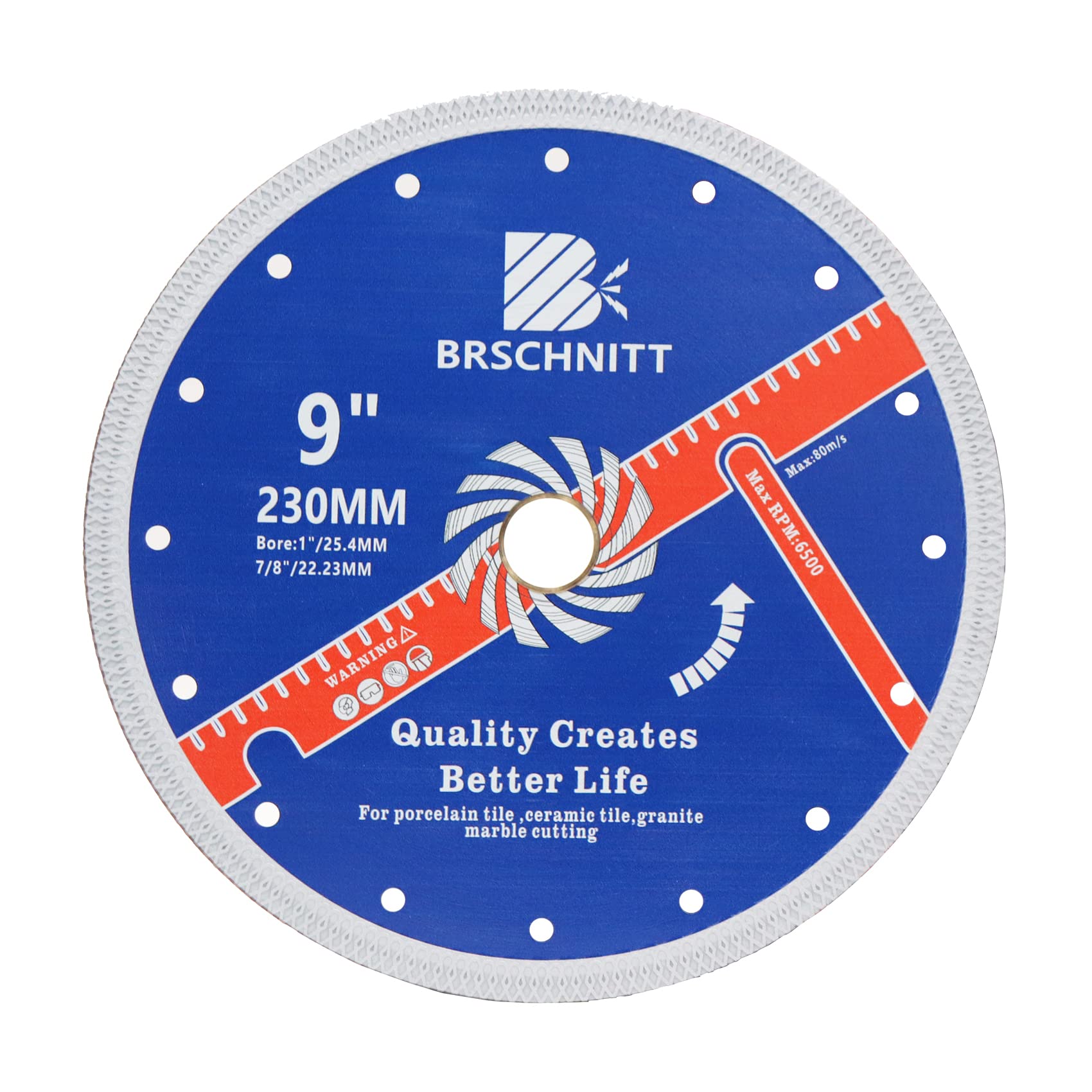Super Thin Diamond Porcelain Cutting Disc with X Teeth,BRSCHNITT 230mm x Arbor 25.4mm-22.23mm Diamond Disc for Dry/Wet Cutting Porcelain Tile Ceramic Marble Granite