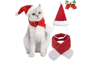 VALUCKEE Christmas Cat Costumes Santa Hats and Scarf, Adjustable Xmas Outfit Clothes with Bow Tie for Pet Small Dog, Winter Warm Snowflake Hat for Cat, Kitty Puppy Xmas Gift Present