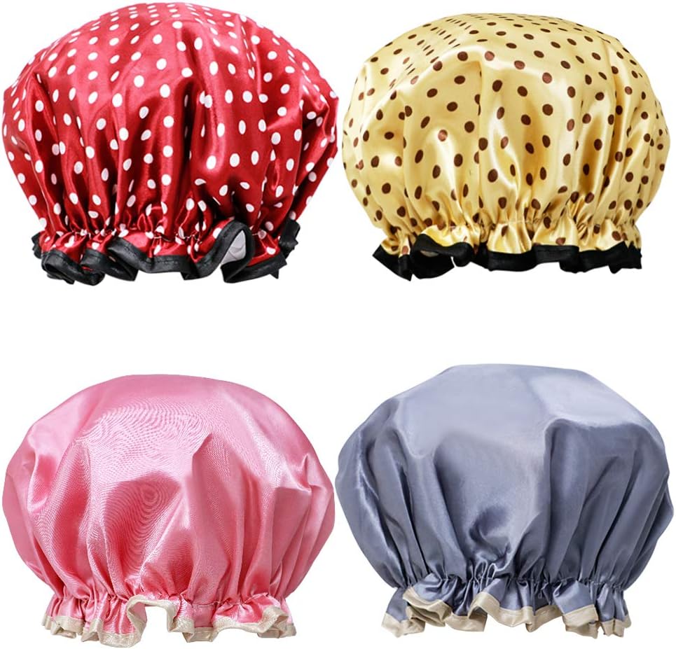 Shower Cap, VAMAI 4 Pack Shower Caps Waterproof Mold Resistant Double Layer Lined Elastic Band Dot Pattern Hair Bath Cap for Girls Women