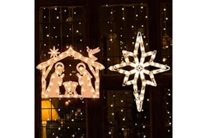JUSTPRO 50L Lighted Christmas Sculpture,Including: Nativity x1,Bethlehem Star x1，for Holiday Indoor and Outdoor Wall Door Christmas Window Decorate