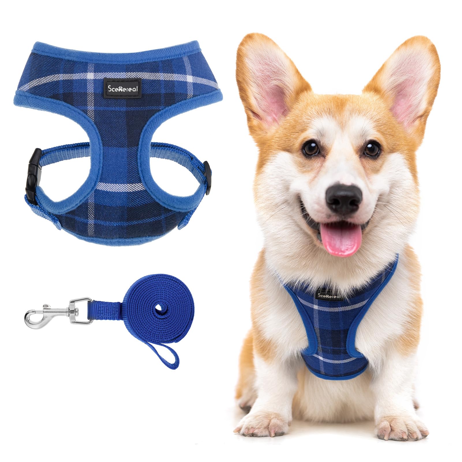 SCENEREAL Puppy Dog Harness with Leash Set for Small Medium Sized Dogs, Soft Mesh Step in Pet Harnesses and Leash, No Chock Plaid Adjustible No Pull Vest for Dogs Cats, Chihuahua,Bulldog