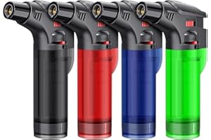 TOPKAY Torch Lighter, Butane Lighter, Windproof Butane Refillable Torch Flame Lighter, Multi Utility Lighter for Candles Fireplaces Campfires BBQ Grill Pilot Lights, 4 Pack (Butane Not Included)