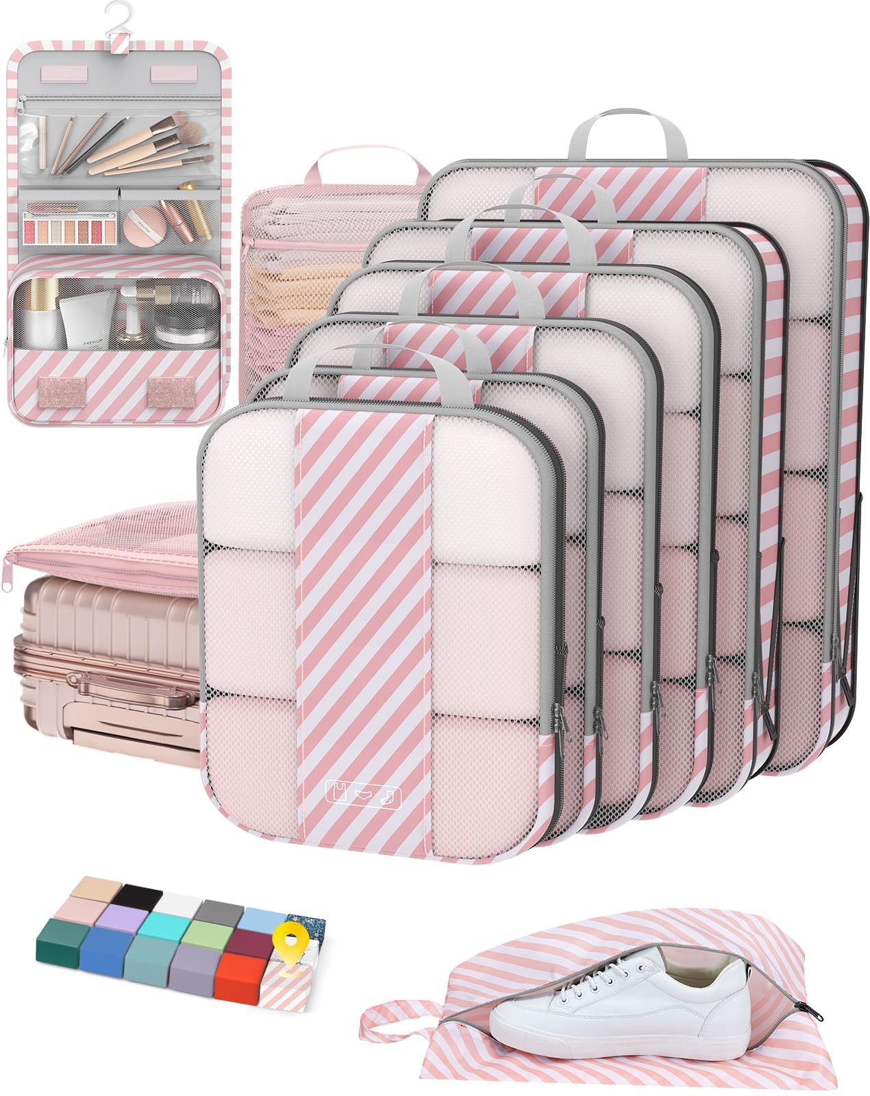 Photo 1 of 10 Set Compression Packing Cubes for Travel Essentials,Compressible Expandable Packing Cubes for Suitcase,OlarHike Luggage Organizer Bags for Travel,Handy Helper for Organizing Clothes(Pink Stripped)