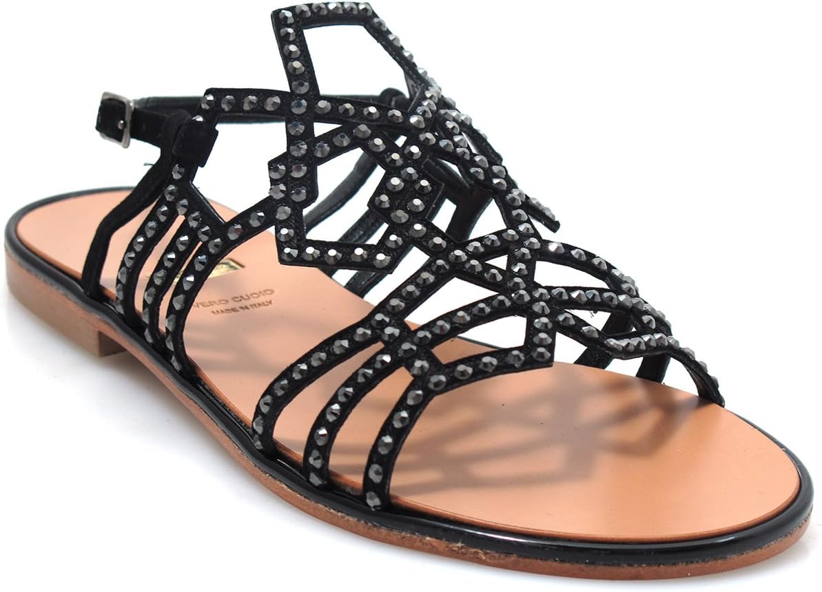 ALBANO 4894 Women's Flat Dressy Strappy Glittered Sandal, Black