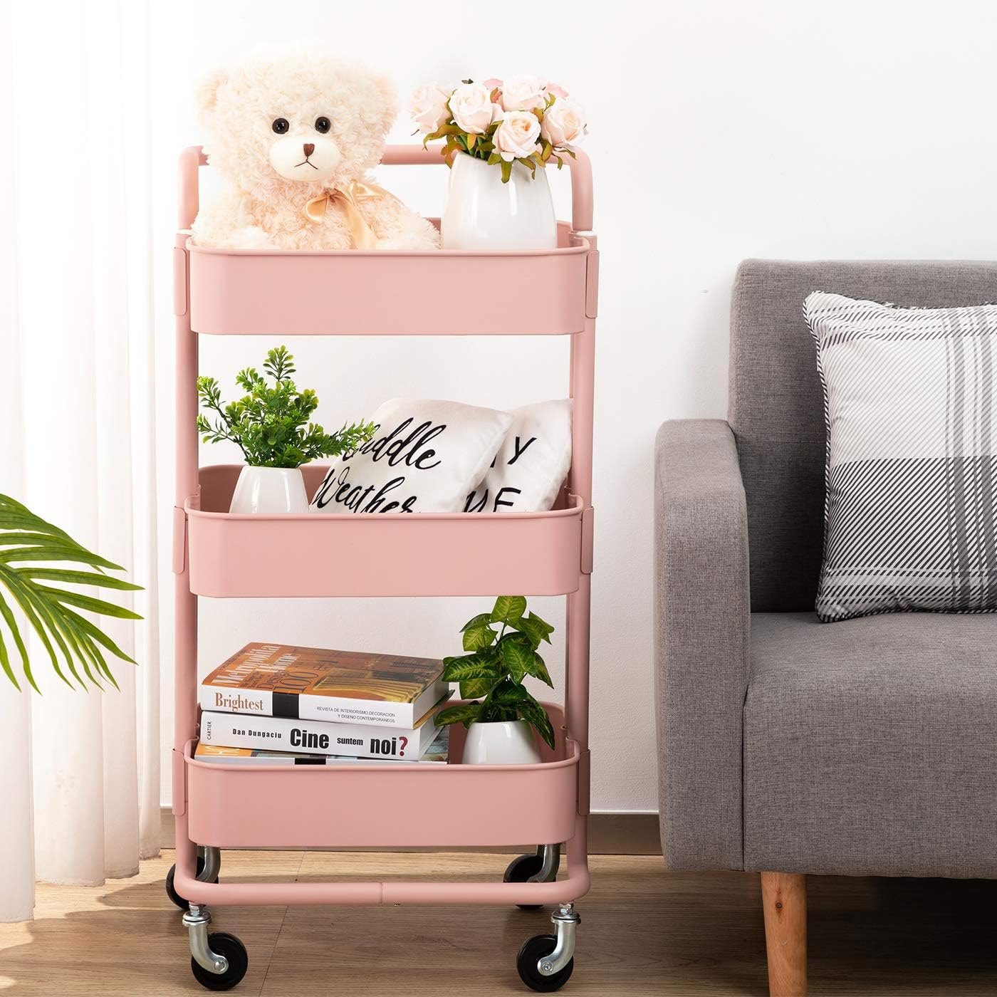 MATICO 3-Tier Metal Utility Service Cart Rolling Storage Shelves with Handles, Storage Utility Cart, Pink-White Makeup Cart : Office Products