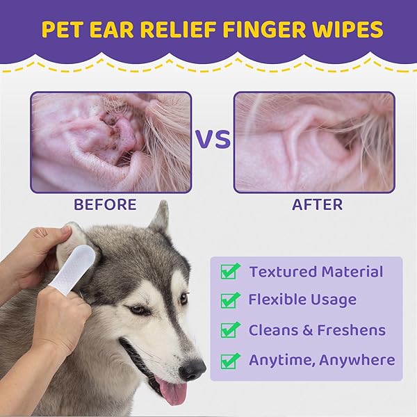 DOG EAR WIPES FINGER – EAR FINGER WIPES FOR DOGS & CATS – PET EAR CLEANING FINGER WIPES – SOOTHS & DEODORIZES, PREVENT EAR ITCH & INFLAMMATION – FRESH COCONUT SCENT, ALL NATURAL INGREDIENTS – 60 COUNT
