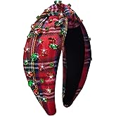 Haqptul Christmas Rhinestone Top Knotted Headband for Women Girls Cute Xmas Holiday Hair Band Accessory Beaded Jeweled Bow Headpiece Present