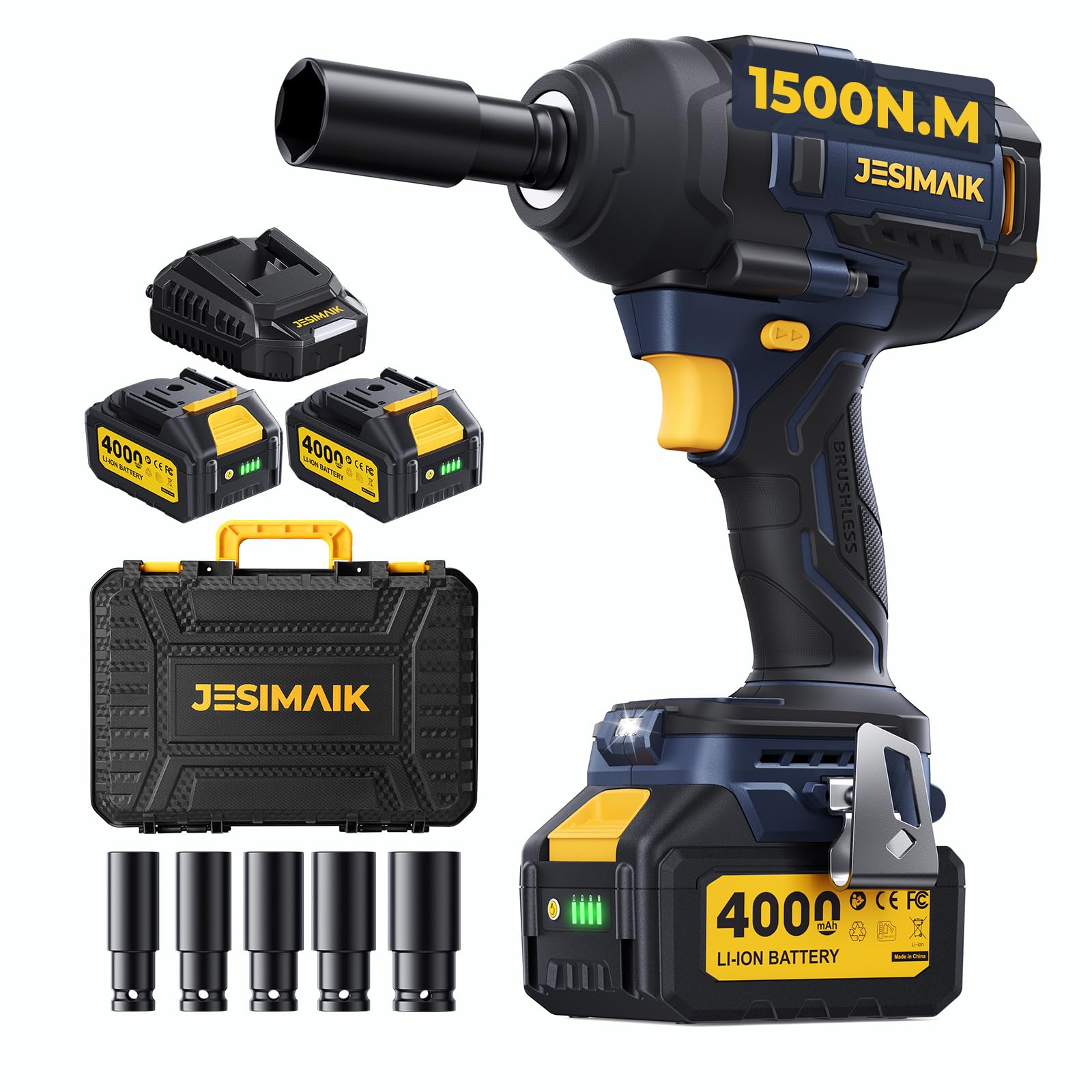 Photo 1 of Cordless Impact Wrench, 1106ft-lbs(1500N.m) 1/2" Brushless Impact Gun, 2×4.0Ah Batteries, 4 Impact Modes, 5 Sockets, 21V High Torque Electric Impact Driver for Truck RV Car Heavy Construction