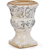 Sungmor Small Ceramic Urn Planter - Grey Scroll Floral Pedestal Flower Pot, Decorative Vintage Chinoiserie Style Planters, Tu