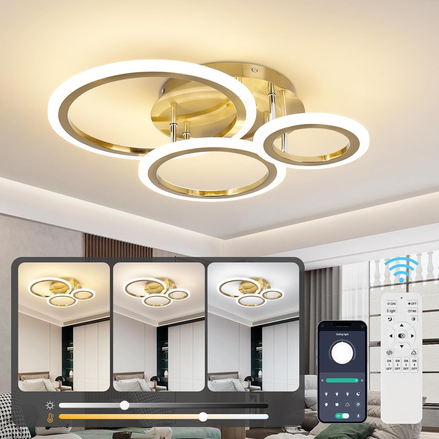 EIDISUNY Modern Led Dimmable Ceiling Light, 3 Circle Gold Ceiling Lights with Remote Control, 3000K-6500K, 3 Circle Modern Led Ceiling Lights Fixture for Living Room Dining Room Bedroom Kitchen - 35W