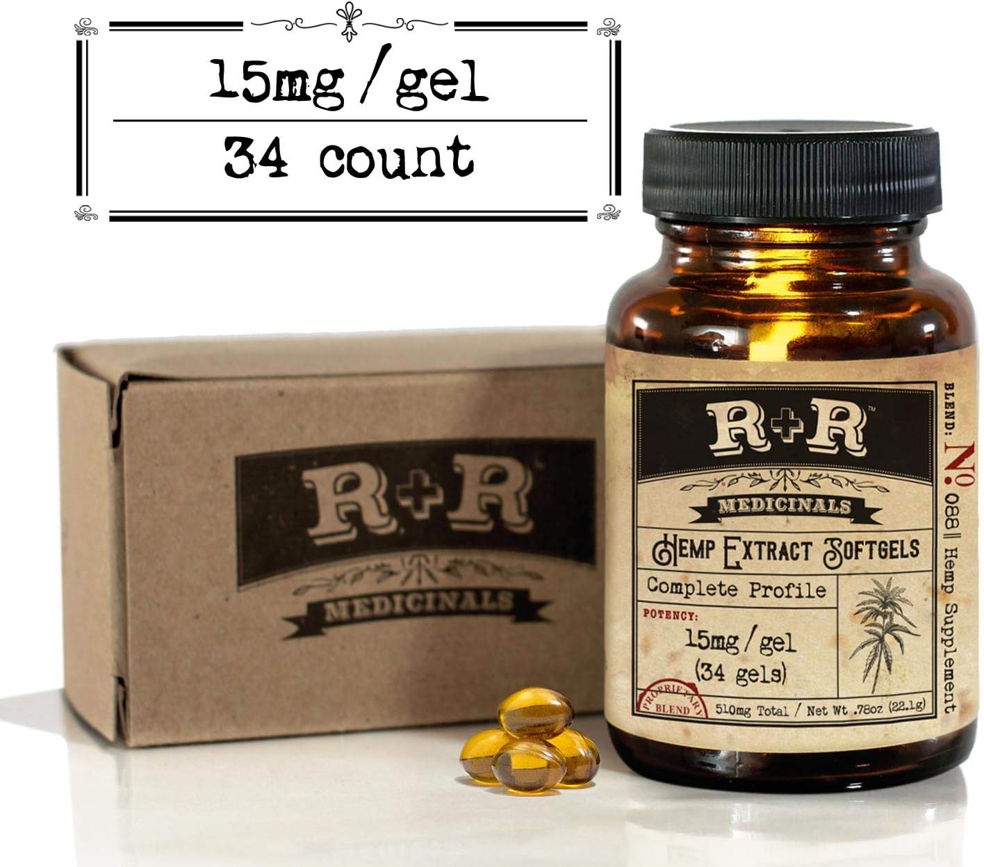 Hemp Oil Capsules :: 15mg Gels, 34 Count, 500mg Total :: Hemp Oil Softgels for Pain, Anxiety, Stress Relief, Mood Support, Healthy Sleep Patterns, Skin Care (30-Day Supply): R+R Medicinals