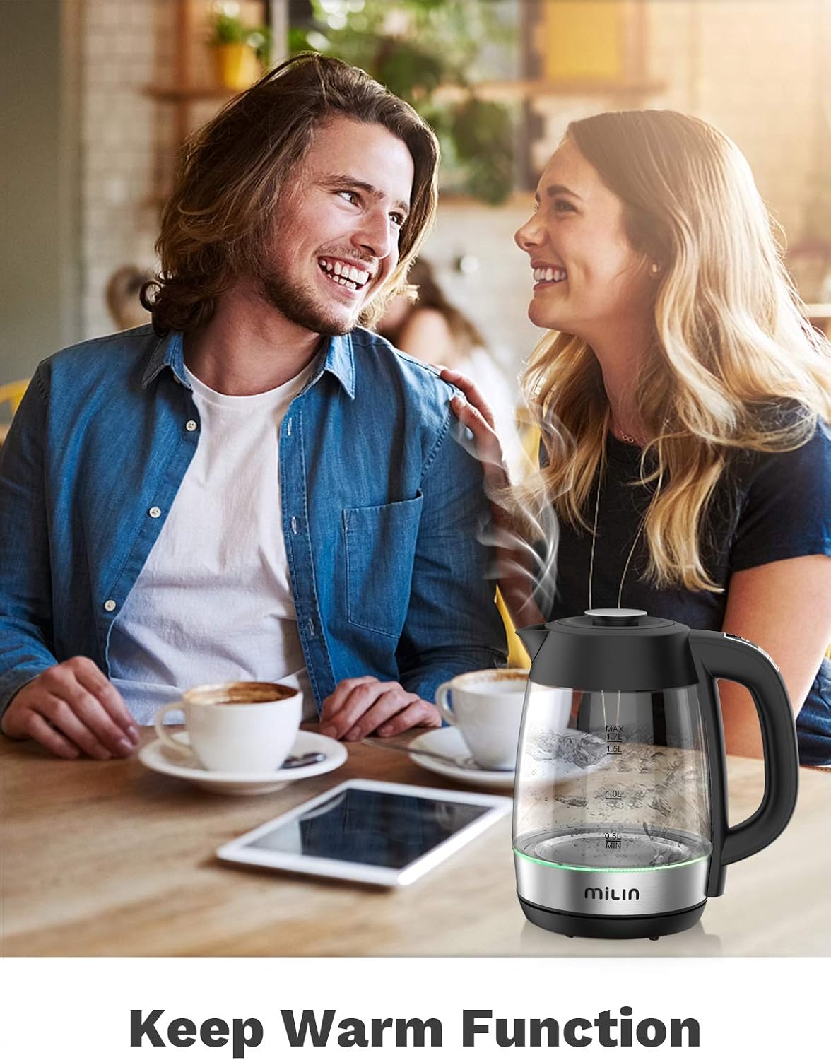 MILIN Electric Kettle, Hot Water Glass Kettle, 6 Level Temperature Control, 1.7L, Cordless with LED Indicator, 1500W, Auto Shut-Off and Boil-Dry Protection: Kitchen & Dining