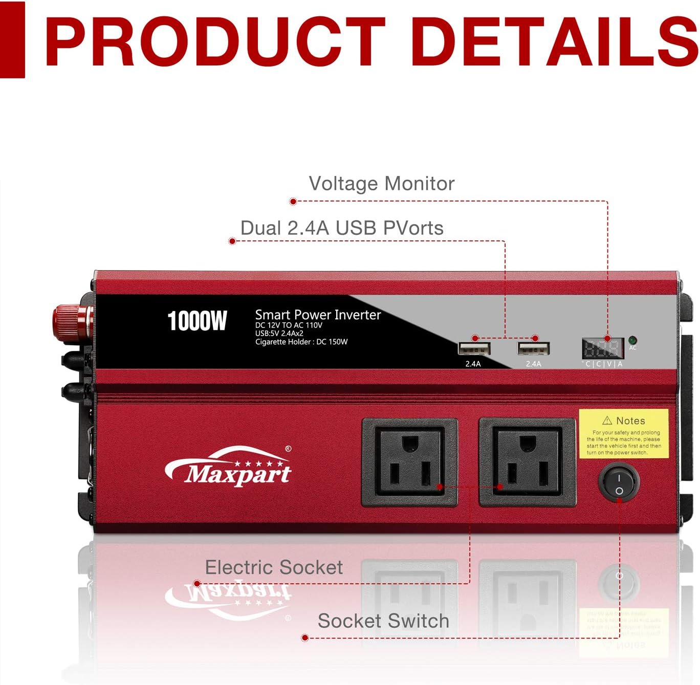 Maxpart 1000W Power Inverter Truck/RV Inverter 12V DC to 110V AC Converter with Dual AC Outlets 2.4A USB and Dual 12V Car Cigarette Lighter Modified Wave Inverter: Car Electronics