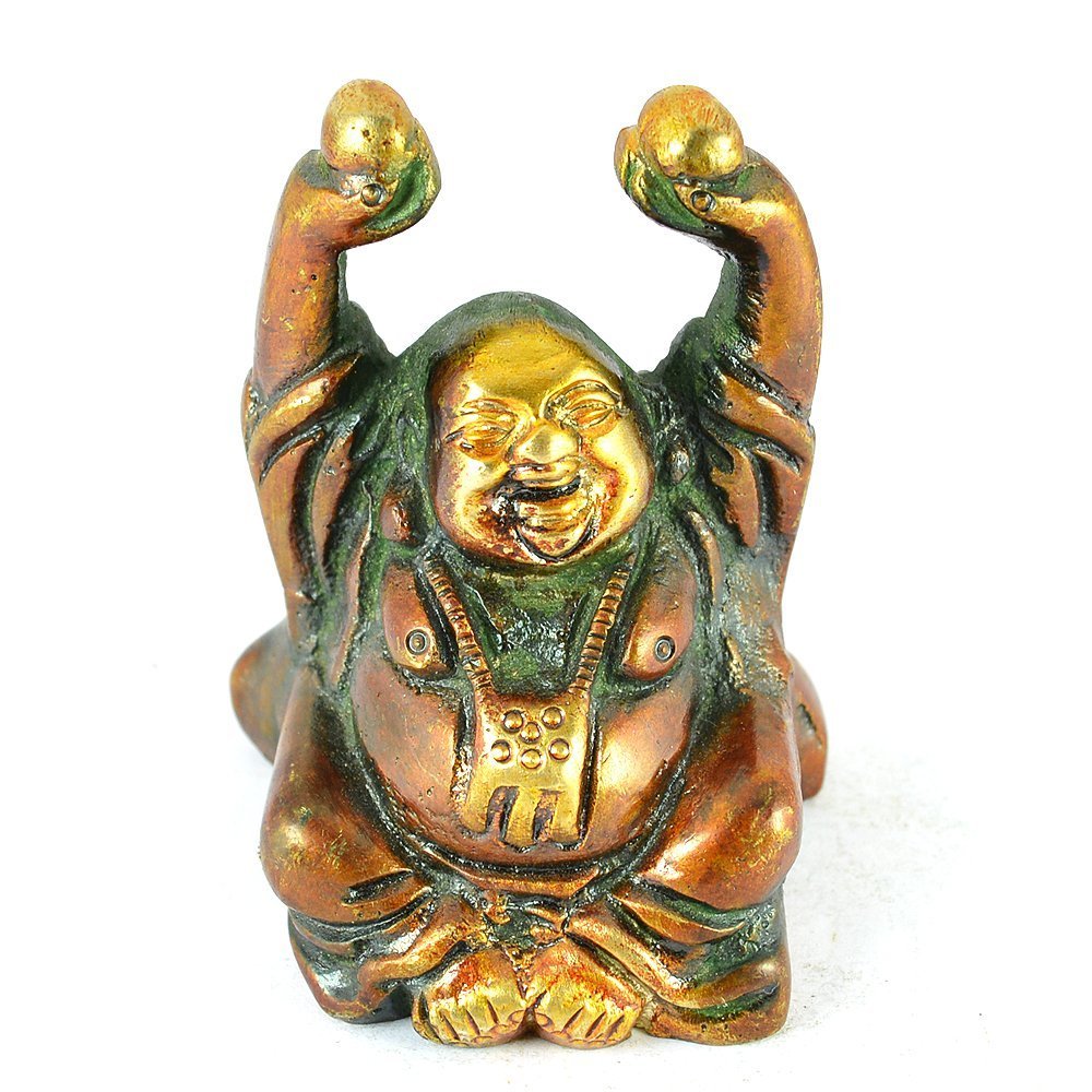 Purpledip Vintage Laughing Buddha Statue in Solid Brass Metal: Harbinger of Wisdom and Wealth - Use as Home Decor Showpiece for Feng-Shui, Golden Finish (10325)