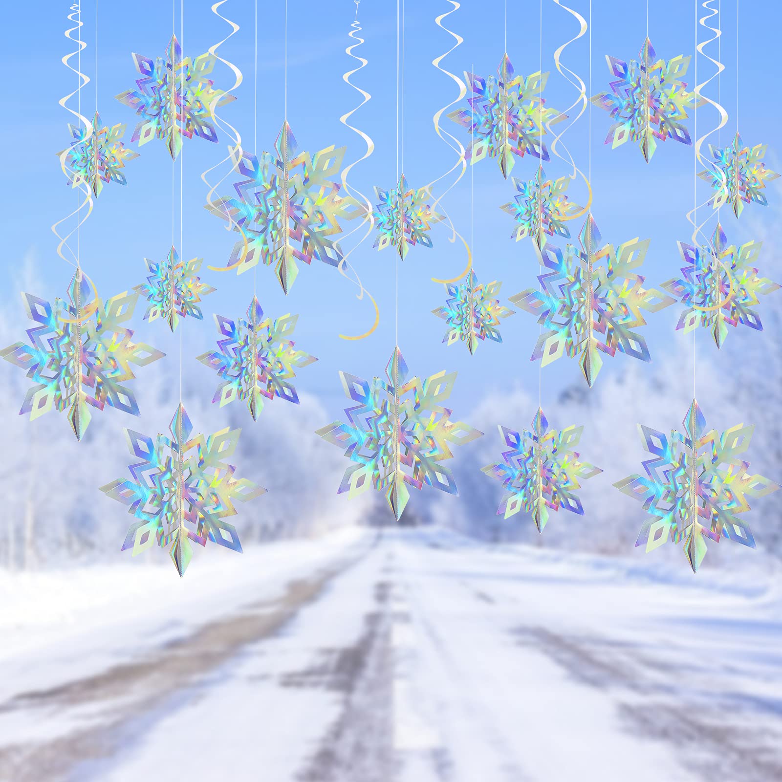 LAMEK 15pcs 3D Snowflake Decoration 3D Snowflake Hanging Decorations with 6pcs Spiral for Winter Party Bedroom Ceiling Decoration Window Door Holiday Ornament Festivals