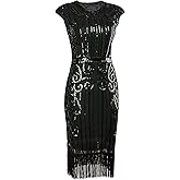 Vijiv 1920s Vintage Inspired Sequin Embellished Fringe Long Gatsby Flapper Dress